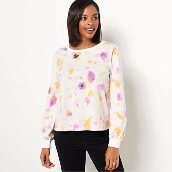 Candace Cameron Bure Pressed Floral Graphic Long Sleeve Tee - Picture 1 of 6